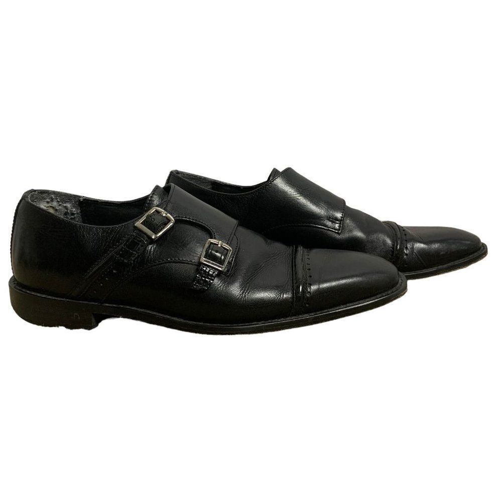 Stacy Adams Leather Double Monk Strap Shoes 9.5 Black Cap Toe Silver Buckles